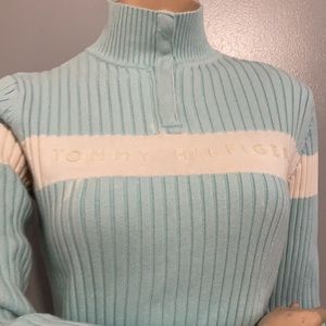 ⭐️Vintage Tommy Hilfeger Ribbed knit Sky Blue Turtle neck Longsleeves Polo M⭐️